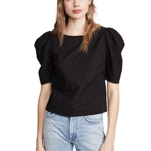 BB Dakota XS New Swiss Dot Puff Sleeve Top Blouse Top Black Cotton Poplin Elbow